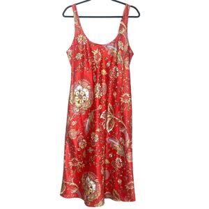 N Natori Red Floral Long Satin Slip Nightgown Size Medium